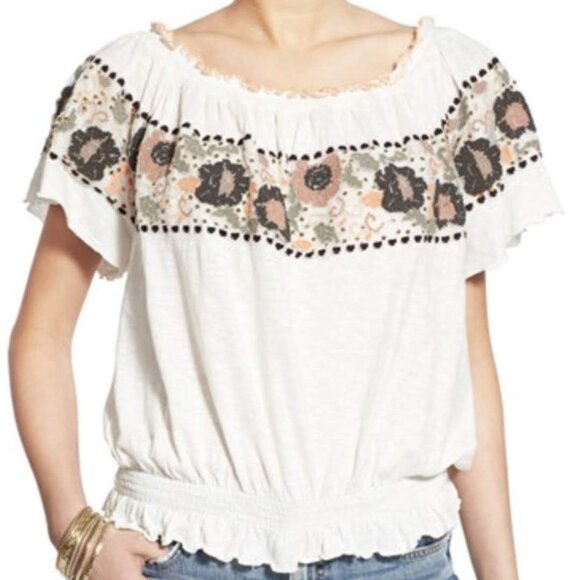 Free People Tops - Free People Off the Shoulder Embroidered Peasant Top